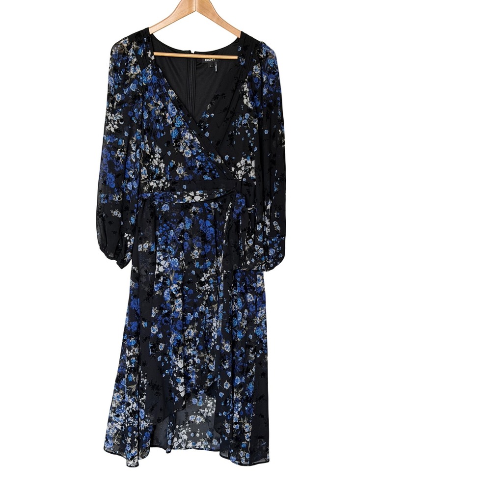 DKNY Womens Blue Floral Faux Wrap Midi Dress Long Sleeve Burnout Chiffon Size 12 - Picture 4 of 7